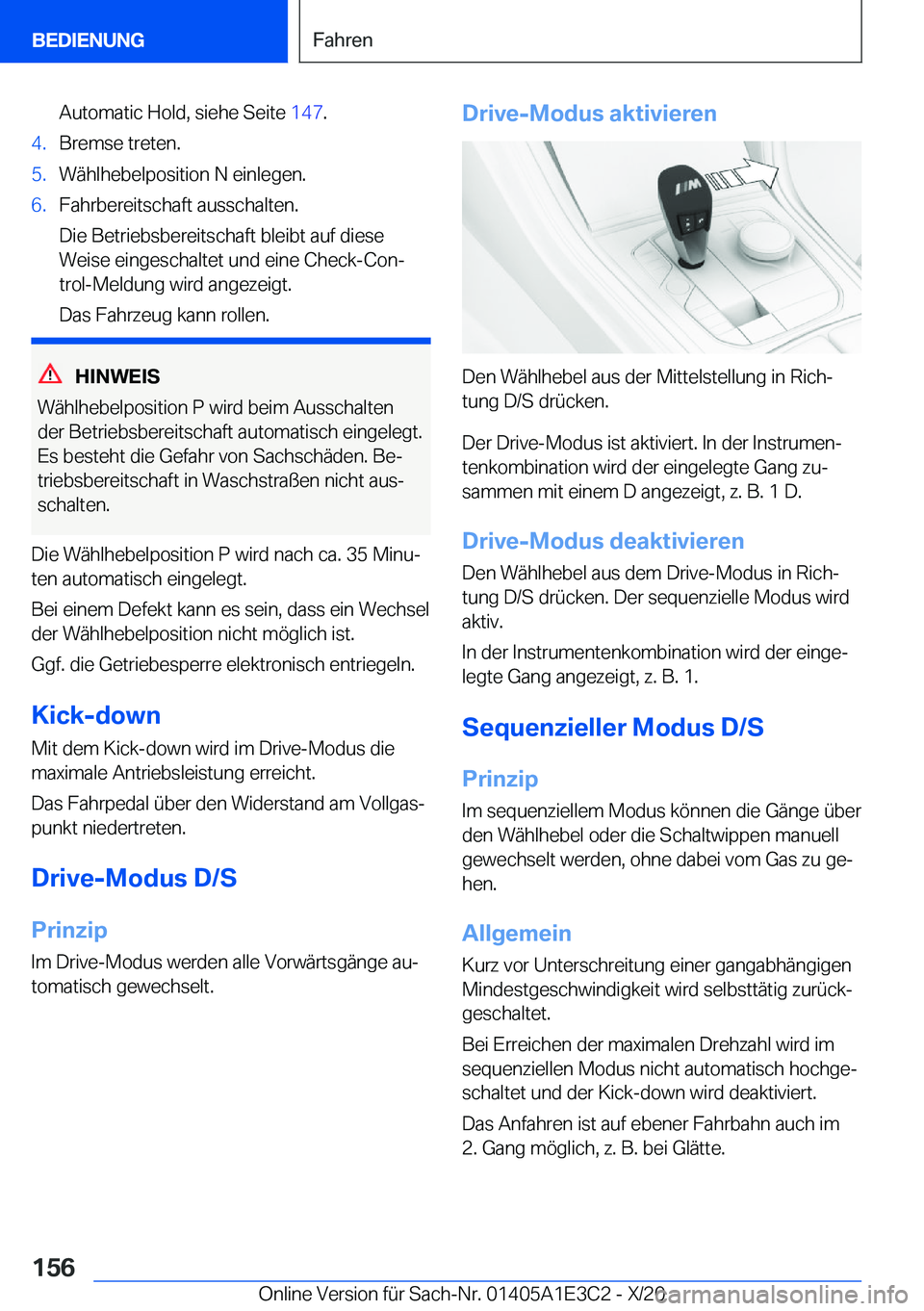 BMW M4 2021  Betriebsanleitungen (in German) �A�u�t�o�m�a�t�i�c��H�o�l�d�,��s�i�e�h�e��S�e�i�t�e��1�4�7�.�4�.�B�r�e�m�s�e��t�r�e�t�e�n�.�5�.�W�