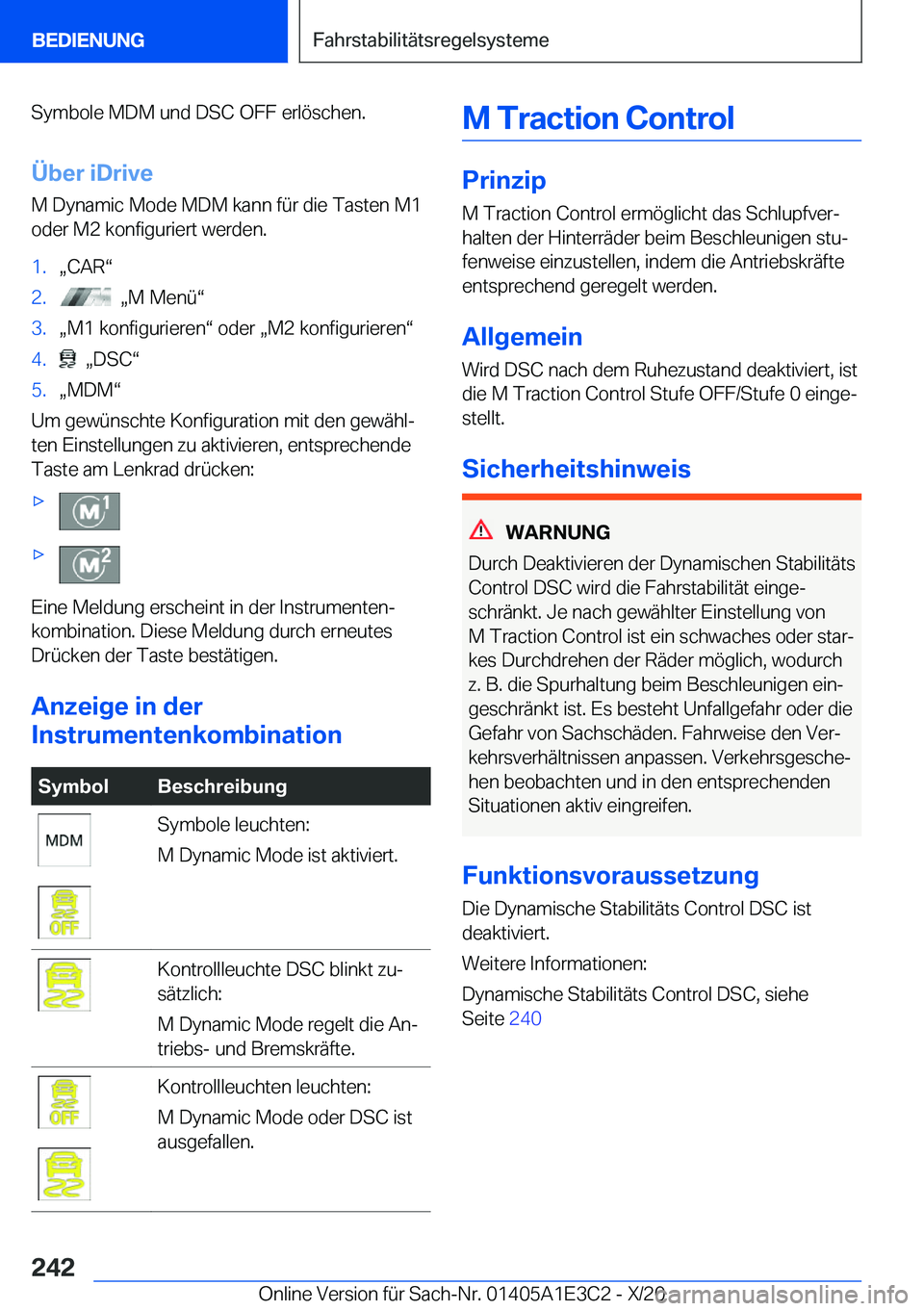 BMW M4 2021  Betriebsanleitungen (in German) �S�y�m�b�o�l�e��M�D�M��u�n�d��D�S�C��O�F�F��e�r�l�