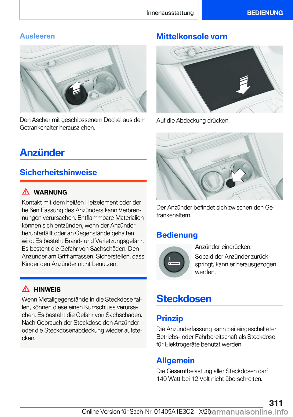 BMW M4 2021  Betriebsanleitungen (in German) �A�u�s�l�e�e�r�e�n
�D�e�n��A�s�c�h�e�r��m�i�t��g�e�s�c�h�l�o�s�s�e�n�e�m��D�e�c�k�e�l��a�u�s��d�e�m�G�e�t�r�