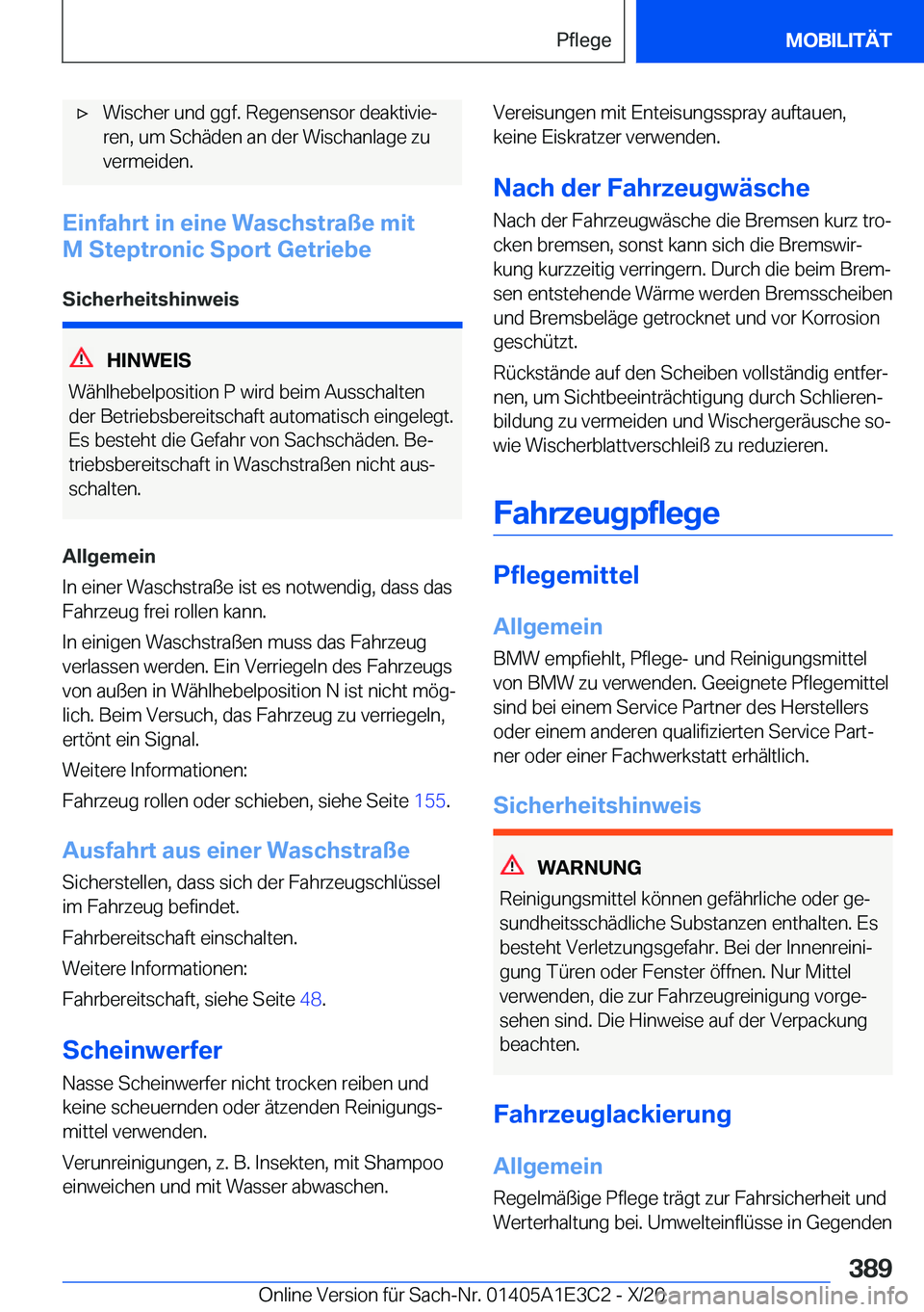 BMW M4 2021  Betriebsanleitungen (in German) 'x�W�i�s�c�h�e�r��u�n�d��g�g�f�.��R�e�g�e�n�s�e�n�s�o�r��d�e�a�k�t�i�v�i�ej�r�e�n�,��u�m��S�c�h�
