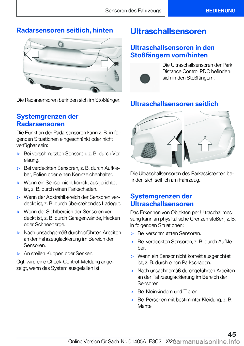 BMW M4 2021  Betriebsanleitungen (in German) �R�a�d�a�r�s�e�n�s�o�r�e�n��s�e�i�t�l�i�c�h�,��h�i�n�t�e�n
�D�i�e��R�a�d�a�r�s�e�n�s�o�r�e�n��b�e�f�i�n�d�e�n��s�i�c�h��i�m��S�t�o�
