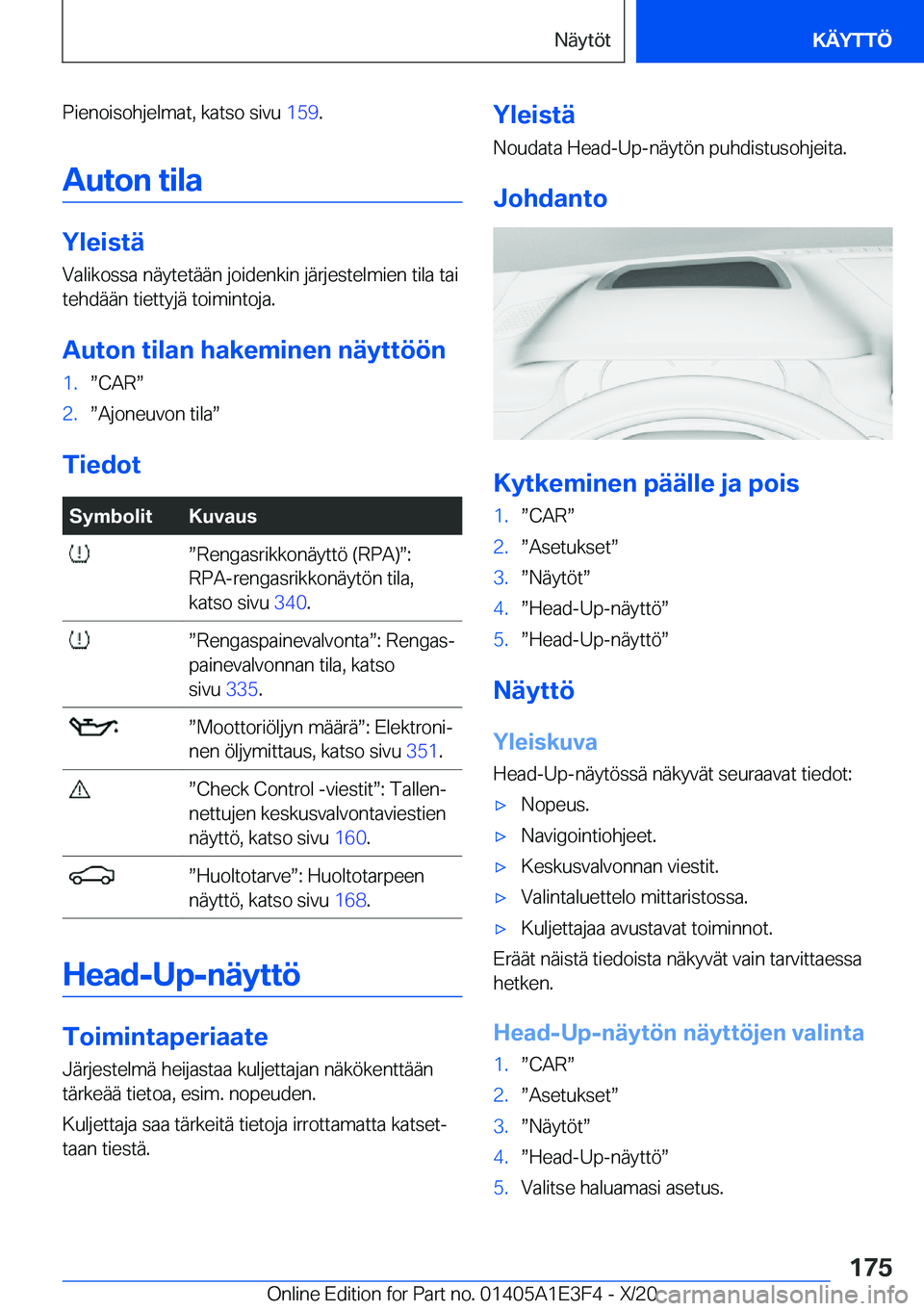 BMW M4 2021  Omistajan Käsikirja (in Finnish) �P�i�e�n�o�i�s�o�h�j�e�l�m�a�t�,��k�a�t�s�o��s�i�v�u��1�5�9�.
�A�u�t�o�n��t�i�l�a
�Y�l�e�i�s�t�