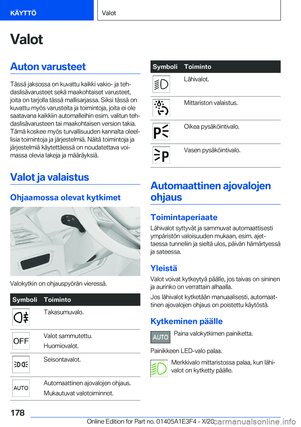 BMW M4 2021  Omistajan Käsikirja (in Finnish) �V�a�l�o�t�A�u�t�o�n��v�a�r�u�s�t�e�e�t
�T�