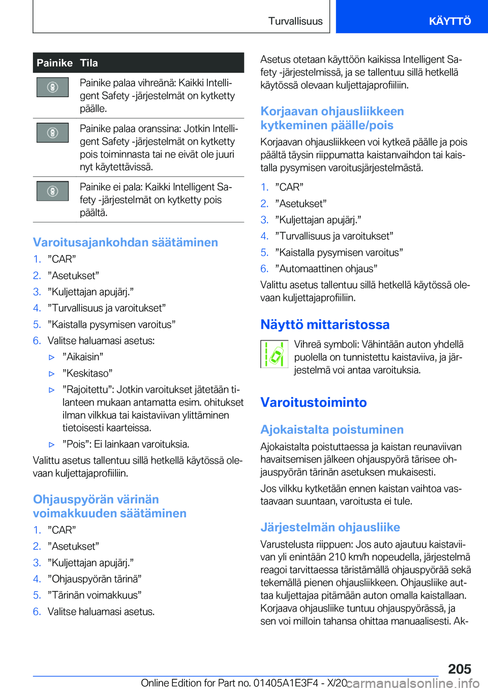 BMW M4 2021  Omistajan Käsikirja (in Finnish) �P�a�i�n�i�k�e�T�i�l�a�P�a�i�n�i�k�e��p�a�l�a�a��v�i�h�r�e�