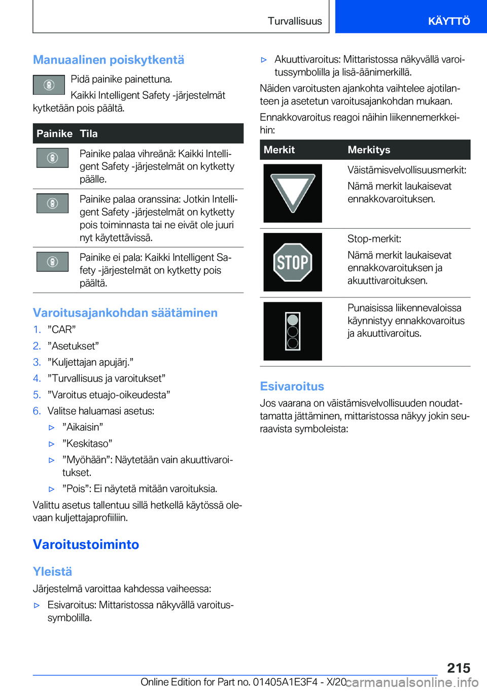 BMW M4 2021  Omistajan Käsikirja (in Finnish) �M�a�n�u�a�a�l�i�n�e�n��p�o�i�s�k�y�t�k�e�n�t�