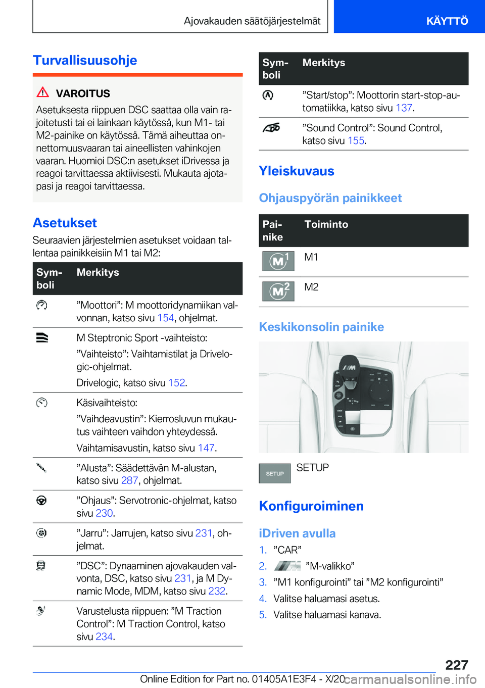 BMW M4 2021  Omistajan Käsikirja (in Finnish) �T�u�r�v�a�l�l�i�s�u�u�s�o�h�j�e
�V�A�R�O�I�T�U�S
�A�s�e�t�u�k�s�e�s�t�a��r�i�i�p�p�u�e�n��D�S�C��s�a�a�t�t�a�a��o�l�l�a��v�a�i�n��r�aj
�j�o�i�t�e�t�u�s�t�i��t�a�i��e�i��l�a�i�n�k�a�a�n��k�