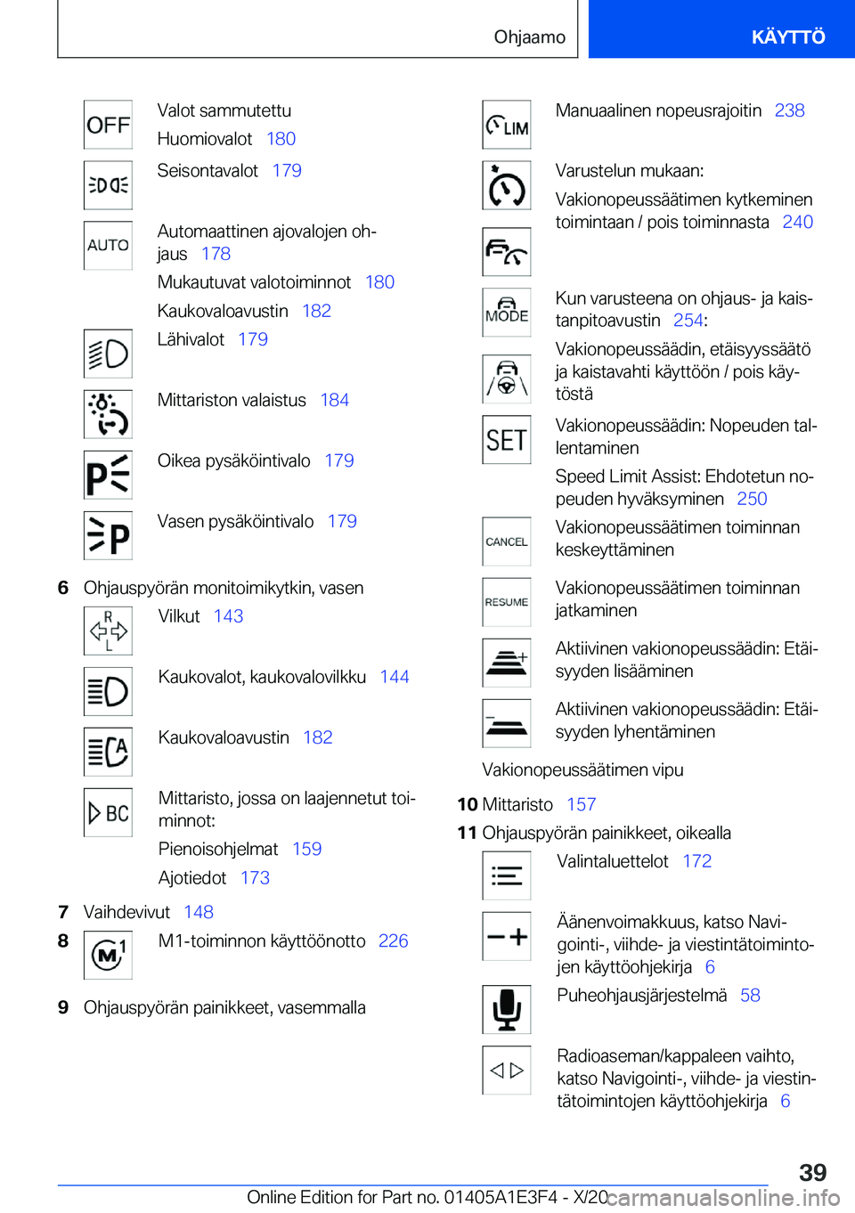 BMW M4 2021  Omistajan Käsikirja (in Finnish) �V�a�l�o�t��s�a�m�m�u�t�e�t�t�u
�H�u�o�m�i�o�v�a�l�o�t\_ �1�8�0�S�e�i�s�o�n�t�a�v�a�l�o�t\_ �1�7�9�A�u�t�o�m�a�a�t�t�i�n�e�n��a�j�o�v�a�l�o�j�e�n��o�hj
�j�a�u�s\_ �1�7�8
�M�u�k�a�u�t�u�v�a�t