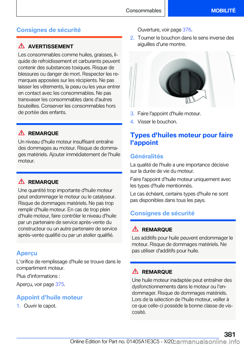 BMW M4 2021  Notices Demploi (in French) �C�o�n�s�i�g�n�e�s��d�e��s�é�c�u�r�i�t�é
�A�V�E�R�T�I�S�S�E�M�E�N�T
�L�e�s��c�o�n�s�o�m�m�a�b�l�e�s��c�o�m�m�e��h�u�i�l�e�s�,��g�r�a�i�s�s�e�s�,��l�ij
�q�u�i�d�e��d�e��r�e�f�r�o�i�d�i�s�s�