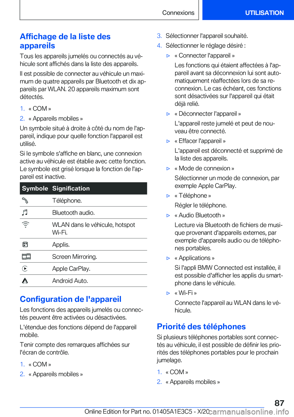 BMW M4 2021  Notices Demploi (in French) �A�f�f�i�c�h�a�g�e��d�e��l�a��l�i�s�t�e��d�e�s
�a�p�p�a�r�e�i�l�s
�T�o�u�s��l�e�s��a�p�p�a�r�e�i�l�s��j�u�m�e�l�é�s��o�u��c�o�n�n�e�c�t�é�s��a�u��v�éj �h�i�c�u�l�e��s�o�n�t��a�f�f�i�c