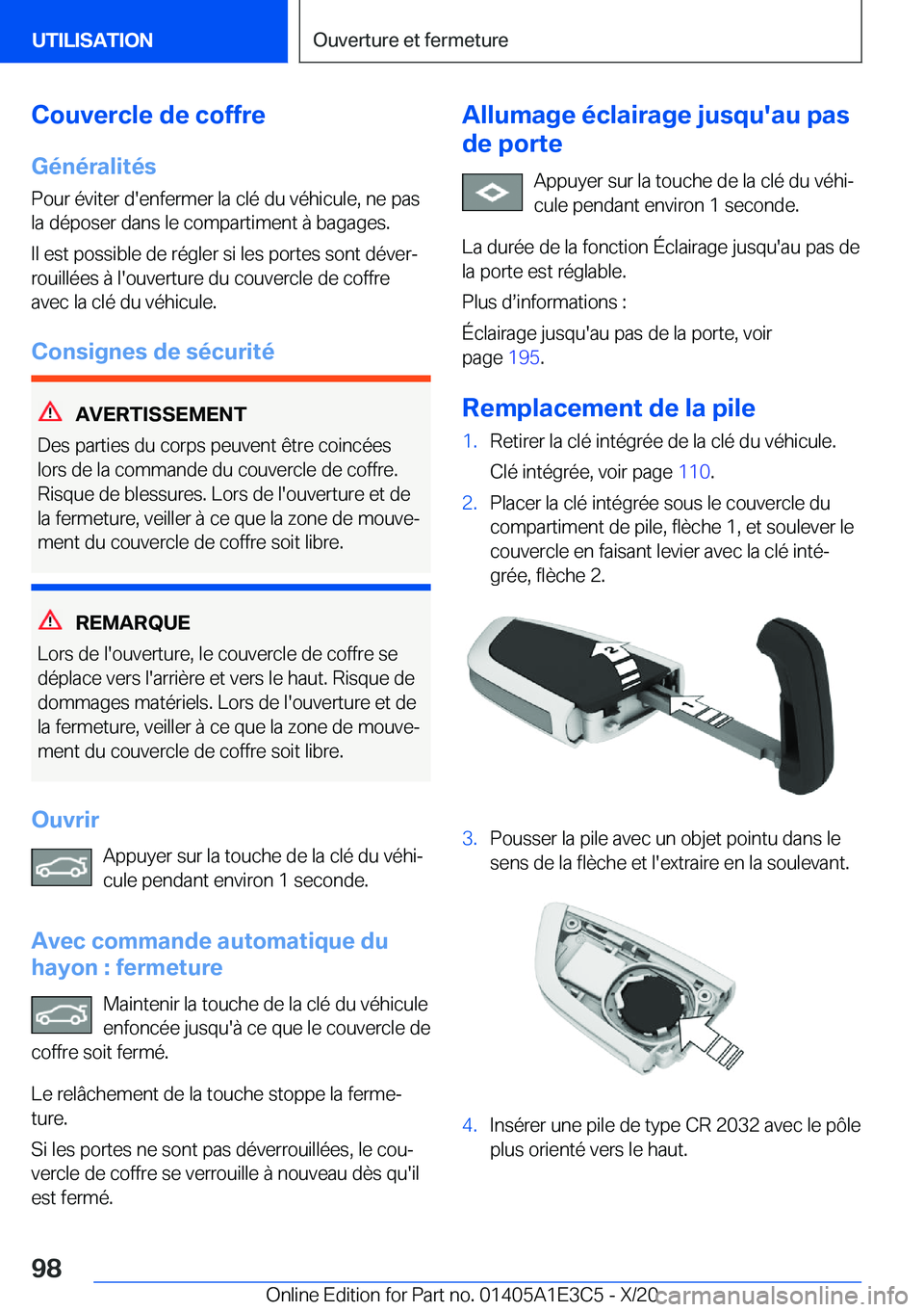 BMW M4 2021  Notices Demploi (in French) �C�o�u�v�e�r�c�l�e��d�e��c�o�f�f�r�e
�G�é�n�é�r�a�l�i�t�é�s
�P�o�u�r��é�v�i�t�e�r��d�'�e�n�f�e�r�m�e�r��l�a��c�l�é��d�u��v�é�h�i�c�u�l�e�,��n�e��p�a�s �l�a��d�é�p�o�s�e�r��d�a�n