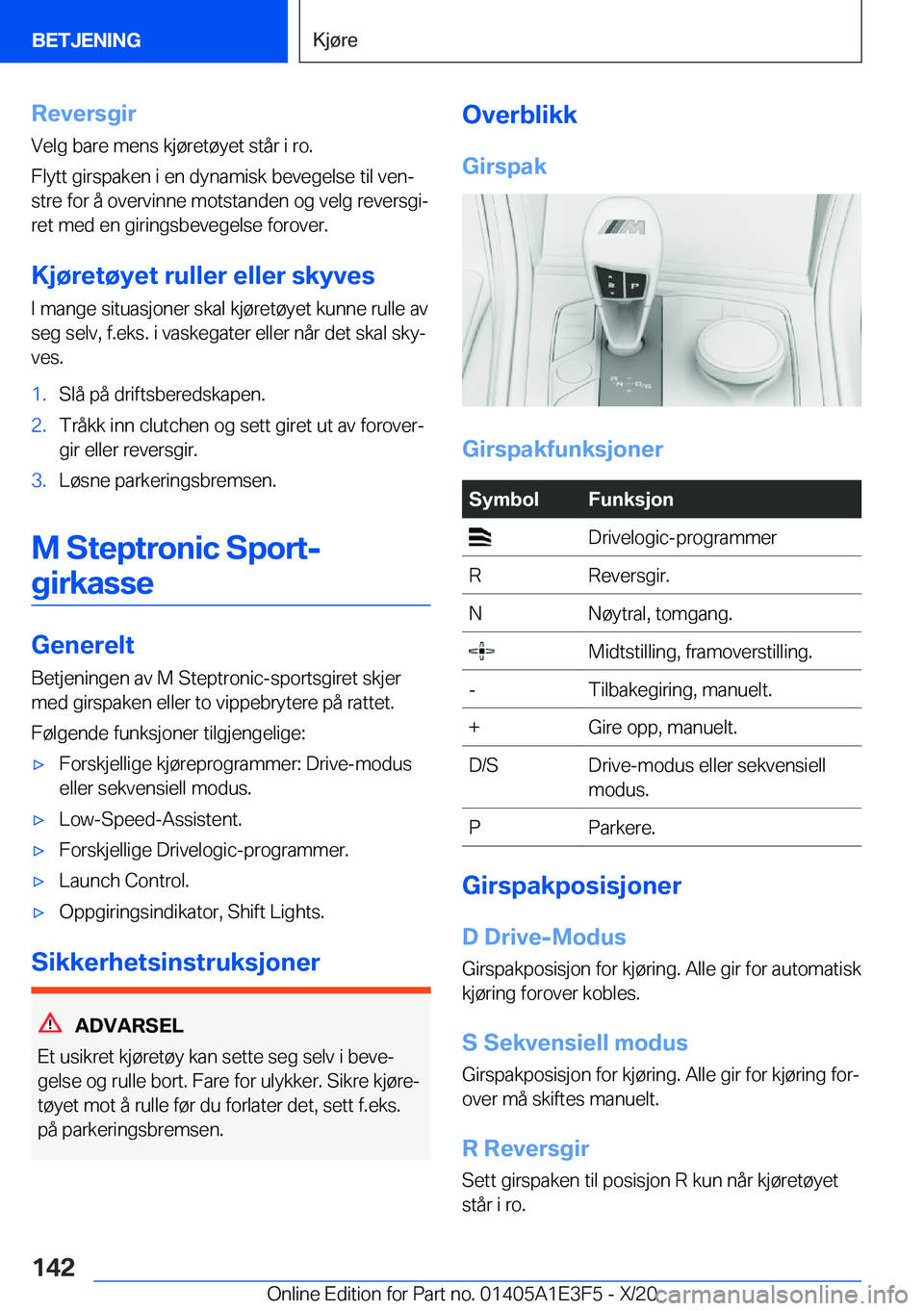 BMW M4 2021  InstruksjonsbØker (in Norwegian) �R�e�v�e�r�s�g�i�r�V�e�l�g��b�a�r�e��m�e�n�s��k�j�