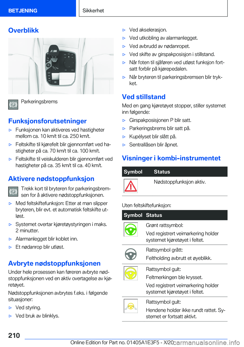BMW M4 2021  InstruksjonsbØker (in Norwegian) �O�v�e�r�b�l�i�k�k
�P�a�r�k�e�r�i�n�g�s�b�r�e�m�s
�F�u�n�k�s�j�o�n�s�f�o�r�u�t�s�e�t�n�i�n�g�e�r
'x�F�u�n�k�s�j�o�n�e�n��k�a�n��a�k�t�i�v�e�r�e�s��v�e�d��h�a�s�t�i�g�h�e�t�e�r �m�e�l�l�o�m��c