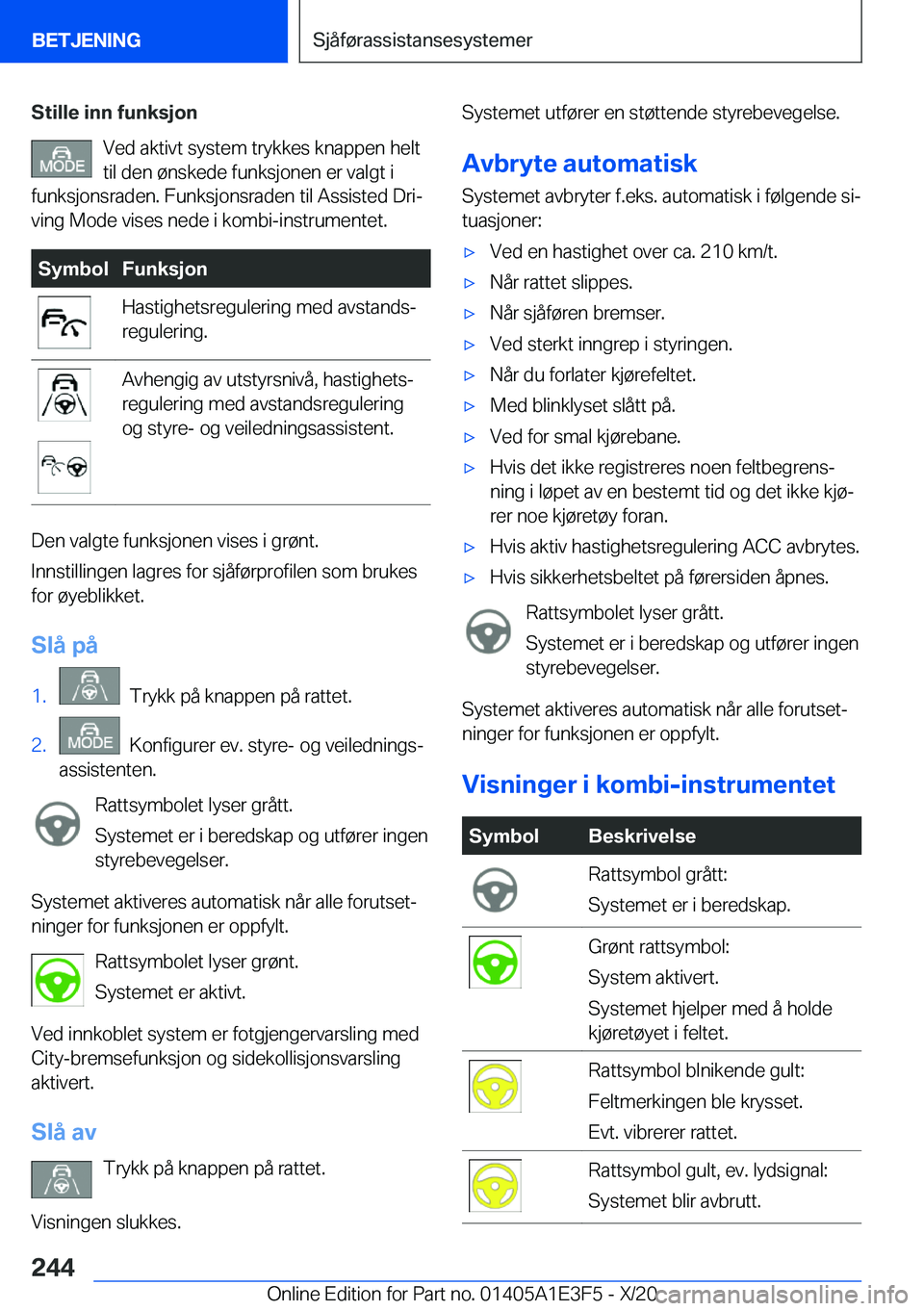 BMW M4 2021  InstruksjonsbØker (in Norwegian) �S�t�i�l�l�e��i�n�n��f�u�n�k�s�j�o�n�V�e�d��a�k�t�i�v�t��s�y�s�t�e�m��t�r�y�k�k�e�s��k�n�a�p�p�e�n��h�e�l�t�t�i�l��d�e�n��