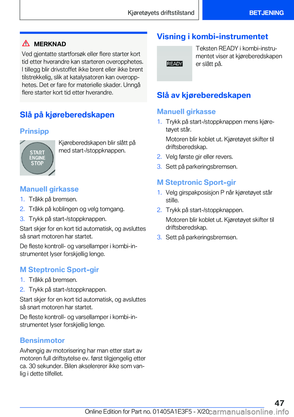 BMW M4 2021  InstruksjonsbØker (in Norwegian) �M�E�R�K�N�A�D
�V�e�d��g�j�e�n�t�a�t�t�e��s�t�a�r�t�f�o�r�s�