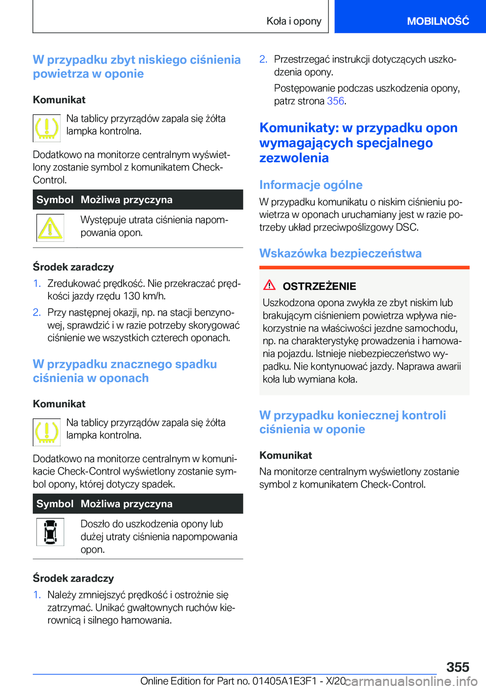 BMW M4 2021  Instrukcja obsługi (in Polish) �W��p�r�z�y�p�a�d�k�u��z�b�y�t��n�i�s�k�i�e�g�o��c�i�n�i�e�n�i�a
�p�o�w�i�e�t�r�z�a��w��o�p�o�n�i�e
�K�o�m�u�n�i�k�a�t �N�a��t�a�b�l�i�c�y��p�r�z�y�r�z�