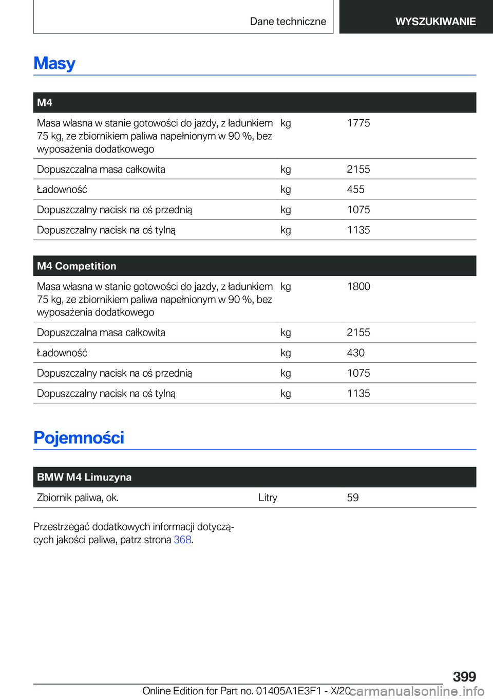BMW M4 2021  Instrukcja obsługi (in Polish) �M�a�s�y
�
�M�4�M�a�s�a��w�ł�a�s�n�a��w��s�t�a�n�i�e��g�o�t�o�w�o�c�i��d�o��j�a�z�d�y�,��z��ł�a�d�u�n�k�i�e�m
�7�5��k�g�,��z�e��z�b�i�o�r�n�i�k�i�e�m��p�a�l�i�w�a��n�a�p�e�ł�n�i�o�n