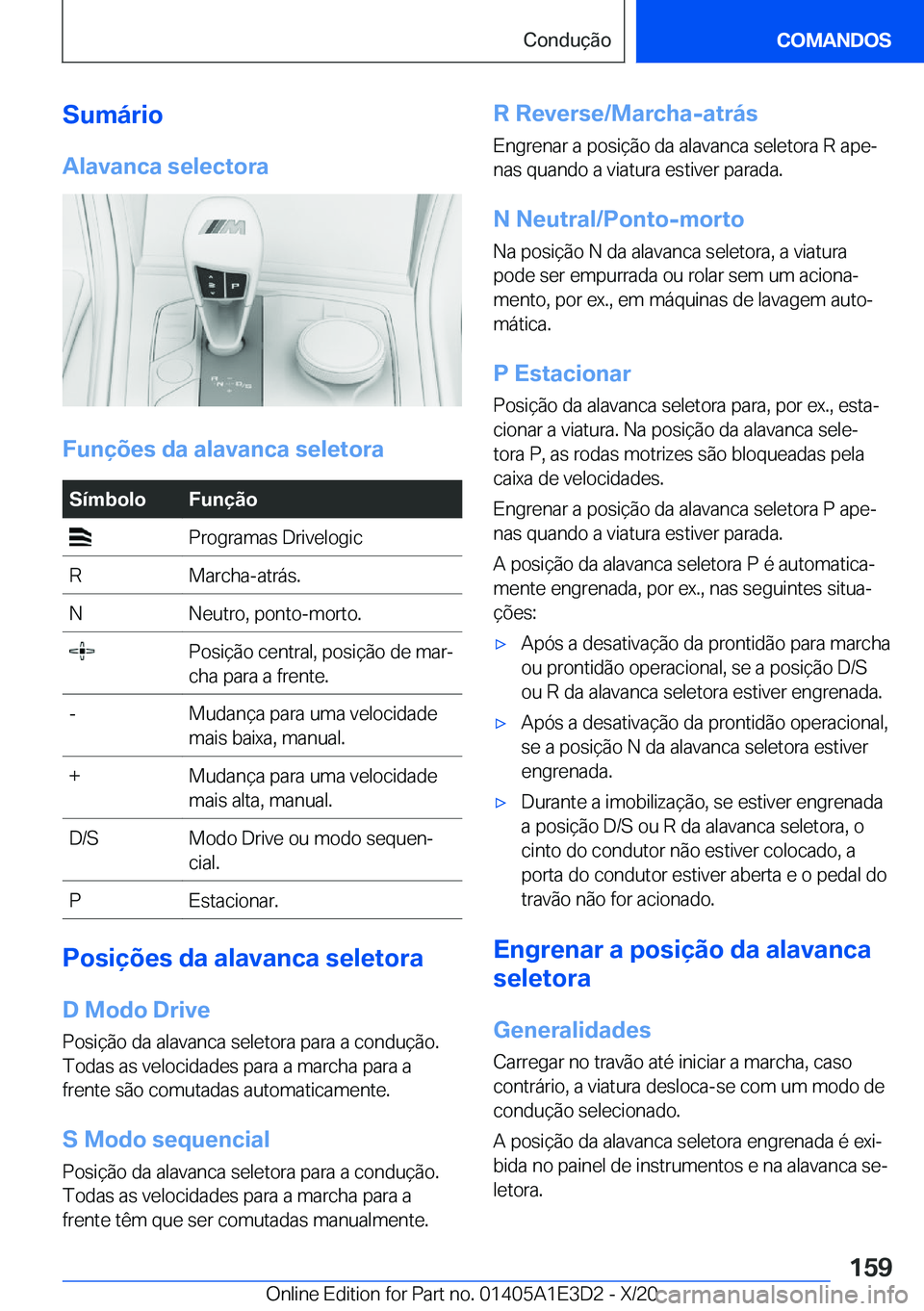 BMW M4 2021  Manual do condutor (in Portuguese) �S�u�m�á�r�i�o�A�l�a�v�a�n�c�a��s�e�l�e�c�t�o�r�a
�F�u�n�