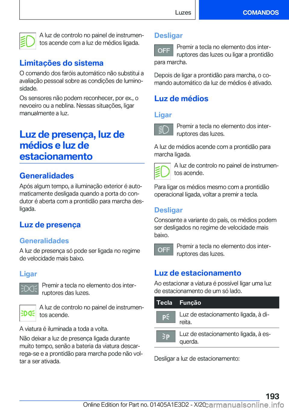 BMW M4 2021  Manual do condutor (in Portuguese) �A��l�u�z��d�e��c�o�n�t�r�o�l�o��n�o��p�a�i�n�e�l��d�e��i�n�s�t�r�u�m�e�nª
�t�o�s��a�c�e�n�d�e��c�o�m��a��l�u�z��d�e��m�é�d�i�o�s��l�i�g�a�d�a�.
�L�i�m�i�t�a�