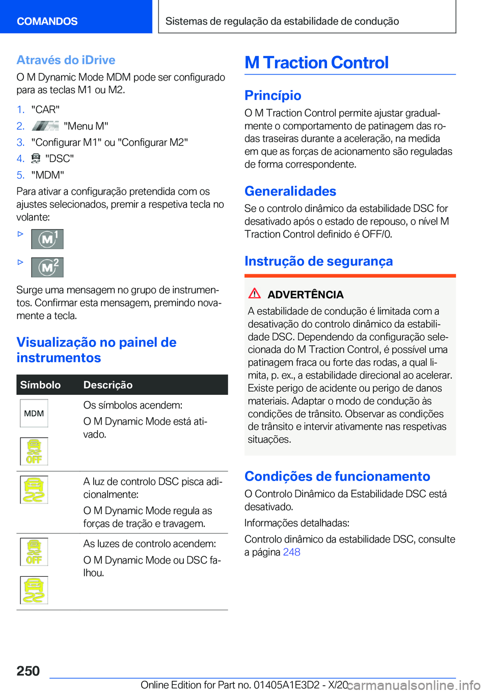 BMW M4 2021  Manual do condutor (in Portuguese) �A�t�r�a�v�é�s��d�o��i�D�r�i�v�e
�O��M��D�y�n�a�m�i�c��M�o�d�e��M�D�M��p�o�d�e��s�e�r��c�o�n�f�i�g�u�r�a�d�o
�p�a�r�a��a�s��t�e�c�l�a�s��M�1��o�u��M�2�.�1�.��C�A�R��2�.����M�e�n�u�