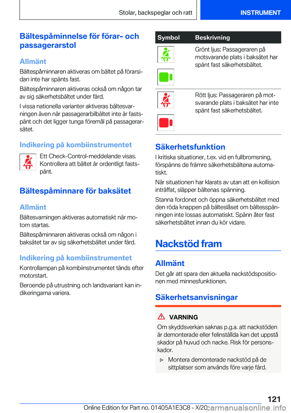 BMW M4 2021  InstruktionsbÖcker (in Swedish) �B�ä�l�t�e�s�p�å�m�i�n�n�e�l�s�e��f�