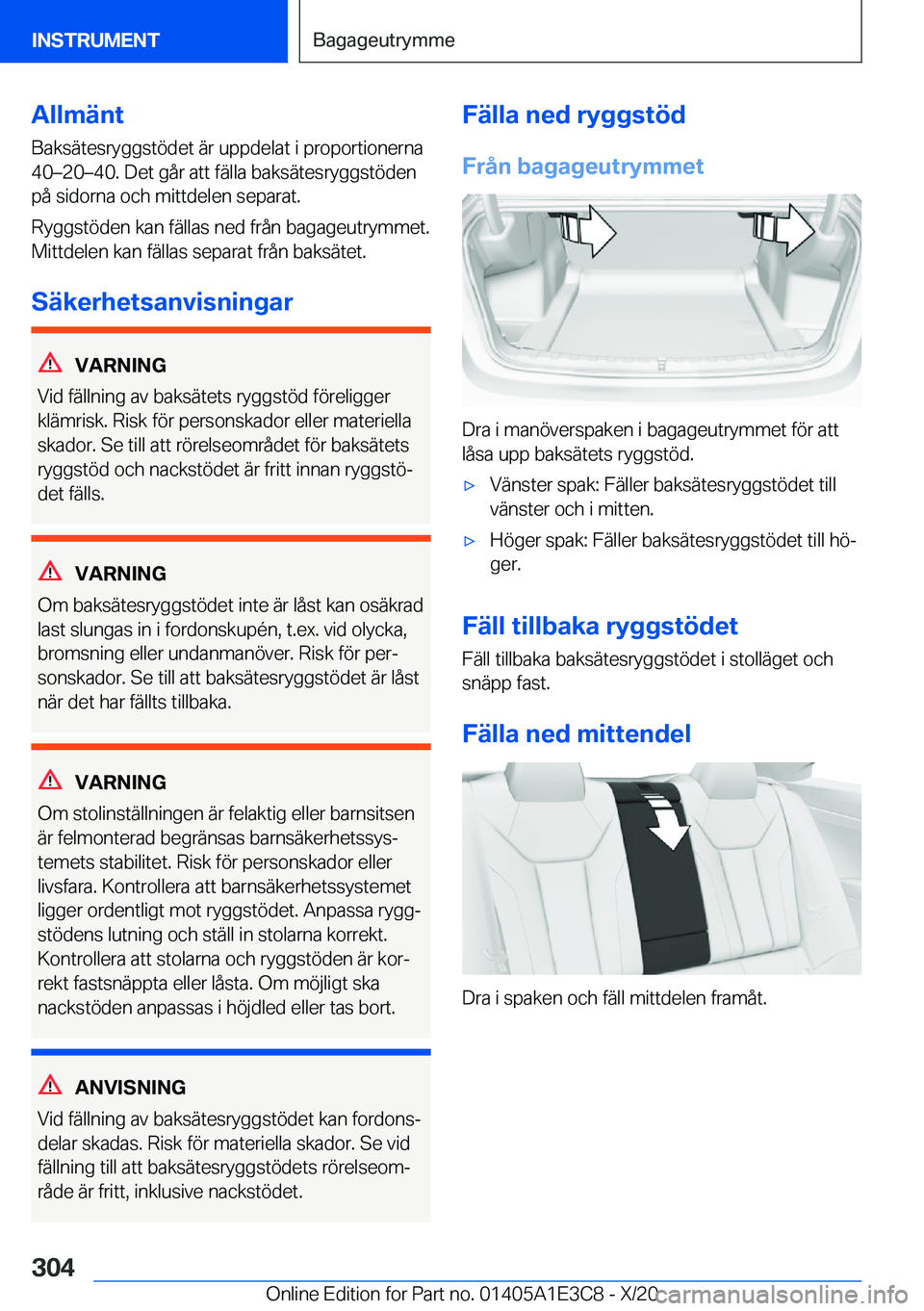 BMW M4 2021  InstruktionsbÖcker (in Swedish) �A�l�l�m�ä�n�t
�B�a�k�s�ä�t�e�s�r�y�g�g�s�t�