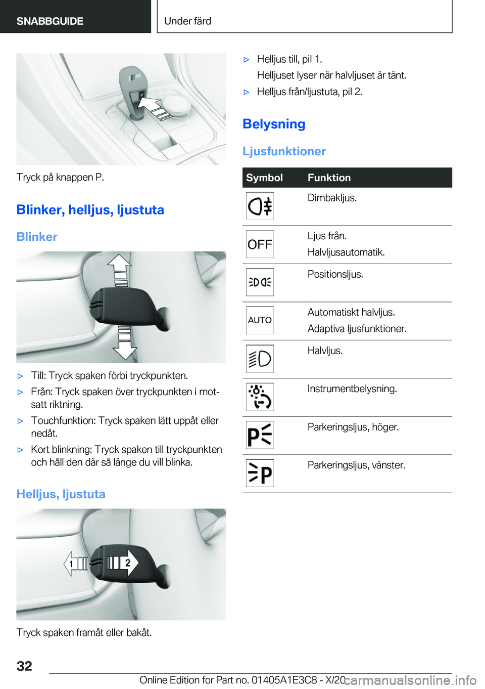 BMW M4 2021  InstruktionsbÖcker (in Swedish) �T�r�y�c�k��p�å��k�n�a�p�p�e�n��P�.
�B�l�i�n�k�e�r�,��h�e�l�l�j�u�s�,��l�j�u�s�t�u�t�a
�B�l�i�n�k�e�r
'x�T�i�l�l�:��T�r�y�c�k��s�p�a�k�e�n��f�