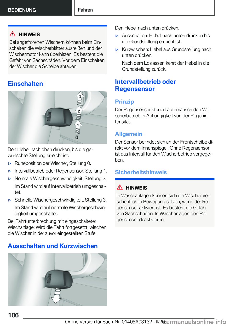 BMW M4 2020  Betriebsanleitungen (in German) �H�I�N�W�E�I�S
�B�e�i��a�n�g�e�f�r�o�r�e�n�e�n��W�i�s�c�h�e�r�n��k�