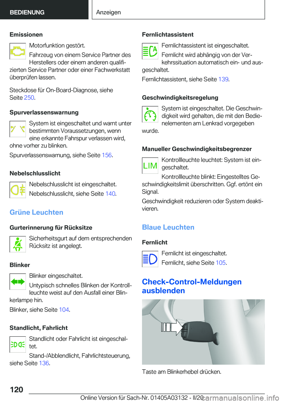 BMW M4 2020  Betriebsanleitungen (in German) �E�m�i�s�s�i�o�n�e�n�M�o�t�o�r�f�u�n�k�t�i�o�n��g�e�s�t�