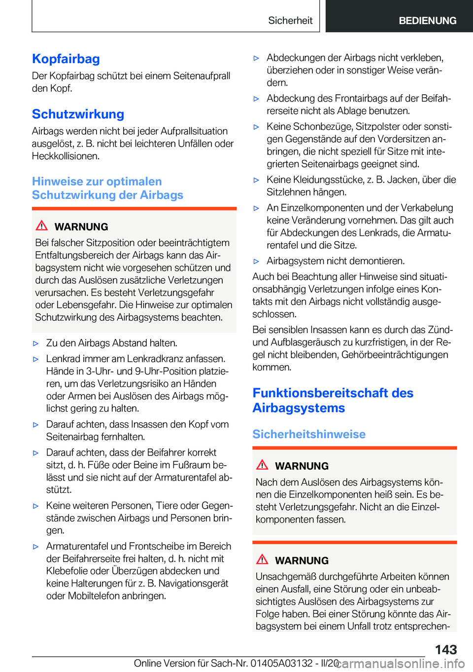 BMW M4 2020  Betriebsanleitungen (in German) �K�o�p�f�a�i�r�b�a�g�D�e�r��K�o�p�f�a�i�r�b�a�g��s�c�h�