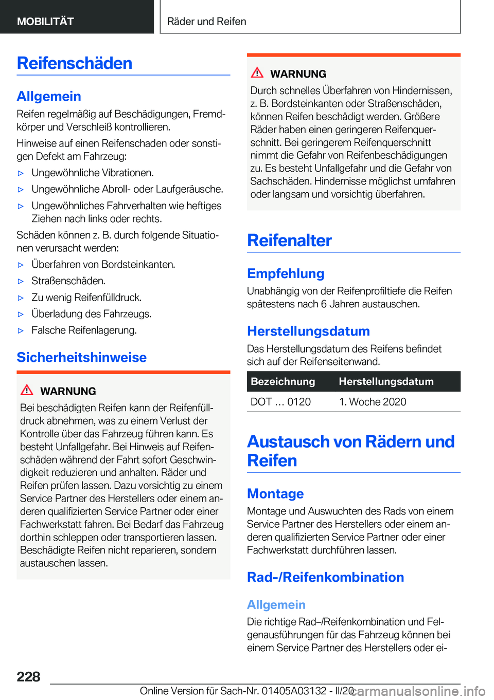 BMW M4 2020  Betriebsanleitungen (in German) �R�e�i�f�e�n�s�c�h�