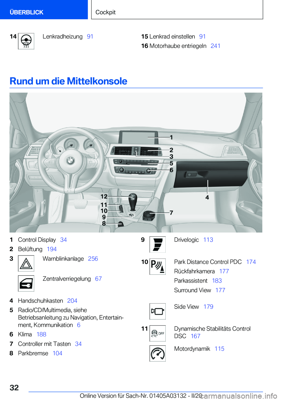 BMW M4 2020  Betriebsanleitungen (in German) �1�4�L�e�n�k�r�a�d�h�e�i�z�u�n�g\_�9�1�1�5�L�e�n�k�r�a�d��e�i�n�s�t�e�l�l�e�n\_ �9�1�1�6�M�o�t�o�r�h�a�u�b�e��e�n�t�r�i�e�g�e�l�n\_ �2�4�1
�R�u�n�d��u�m��d�i�e��M�i�t�t�e�l�k�o�n�s�o�l�e
�1