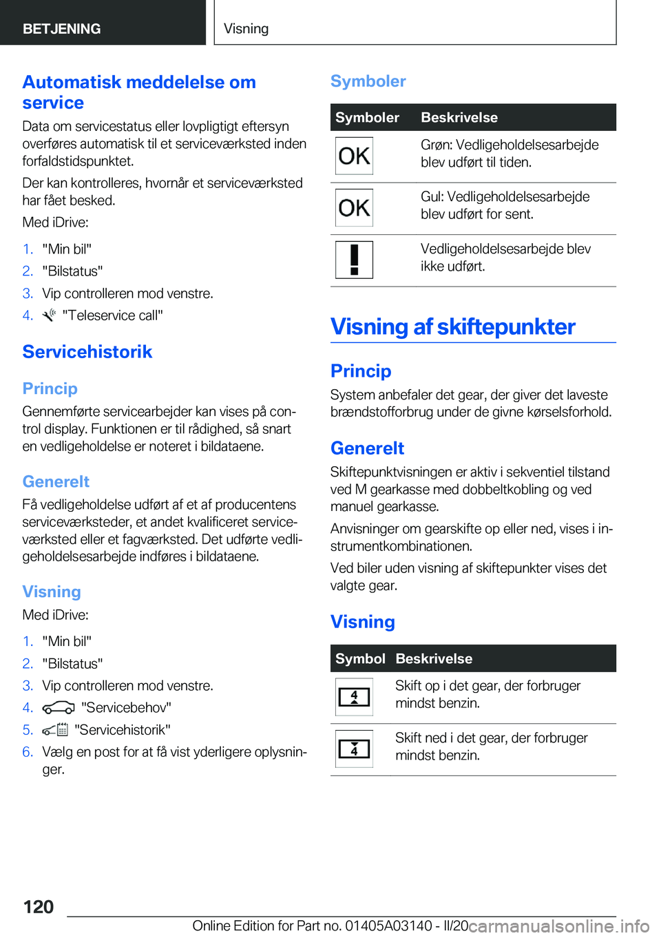 BMW M4 2020  InstruktionsbØger (in Danish) �A�u�t�o�m�a�t�i�s�k��m�e�d�d�e�l�e�l�s�e��o�m
�s�e�r�v�i�c�e
�D�a�t�a��o�m��s�e�r�v�i�c�e�s�t�a�t�u�s��e�l�l�e�r��l�o�v�p�l�i�g�t�i�g�t��e�f�t�e�r�s�y�n
�o�v�e�r�f�