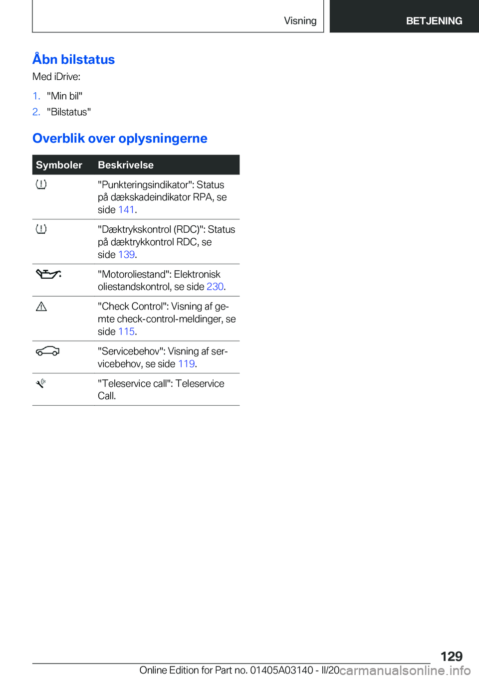 BMW M4 2020  InstruktionsbØger (in Danish) �Å�b�n��b�i�l�s�t�a�t�u�s
�M�e�d��i�D�r�i�v�e�:�1�.��M�i�n��b�i�l��2�.��B�i�l�s�t�a�t�u�s�
�O�v�e�r�b�l�i�k��o�v�e�r��o�p�l�y�s�n�i�n�g�e�r�n�e
�S�y�m�b�o�l�e�r�B�e�s�k�r�i�v�e�l�s�e���P�u