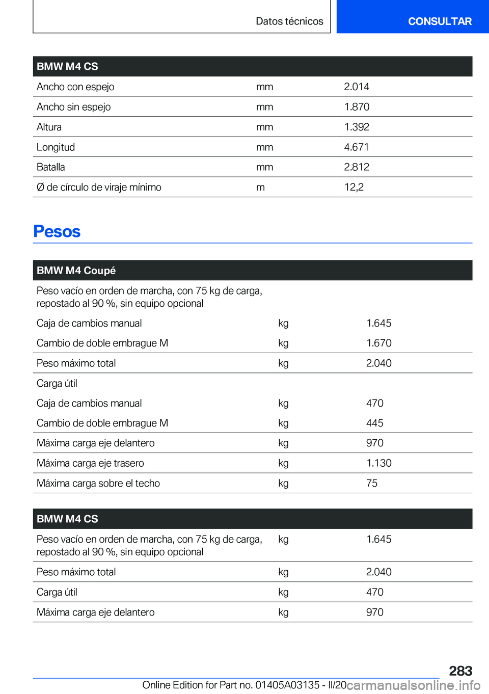 BMW M4 2020  Manuales de Empleo (in Spanish) �B�M�W��M�4��C�S�A�n�c�h�o��c�o�n��e�s�p�e�j�o�m�m�2�.�0�1�4�A�n�c�h�o��s�i�n��e�s�p�e�j�o�m�m�1�.�8�7�0�A�l�t�u�r�a�m�m�1�.�3�9�2�L�o�n�g�i�t�u�d�m�m�4�.�6�7�1�B�a�t�a�l�l�a�m�m�2�.�8�1�2�