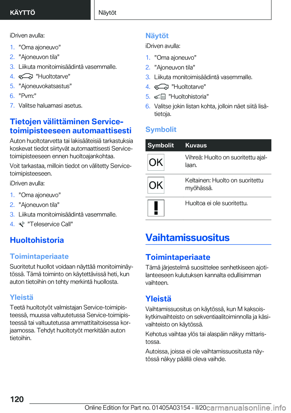 BMW M4 2020  Omistajan Käsikirja (in Finnish) �i�D�r�i�v�e�n��a�v�u�l�l�a�:�1�.w�O�m�a��a�j�o�n�e�u�v�ow�2�.w�A�j�o�n�e�u�v�o�n��t�i�l�aw�3�.�L�i�i�k�u�t�a��m�o�n�i�t�o�i�m�i�s�