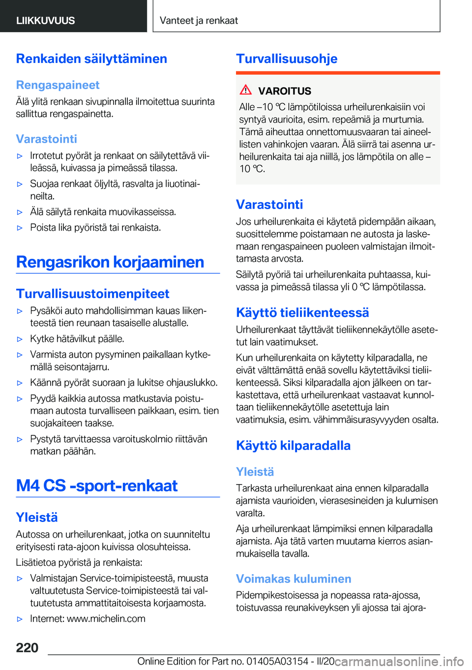 BMW M4 2020  Omistajan Käsikirja (in Finnish) �R�e�n�k�a�i�d�e�n��s�
