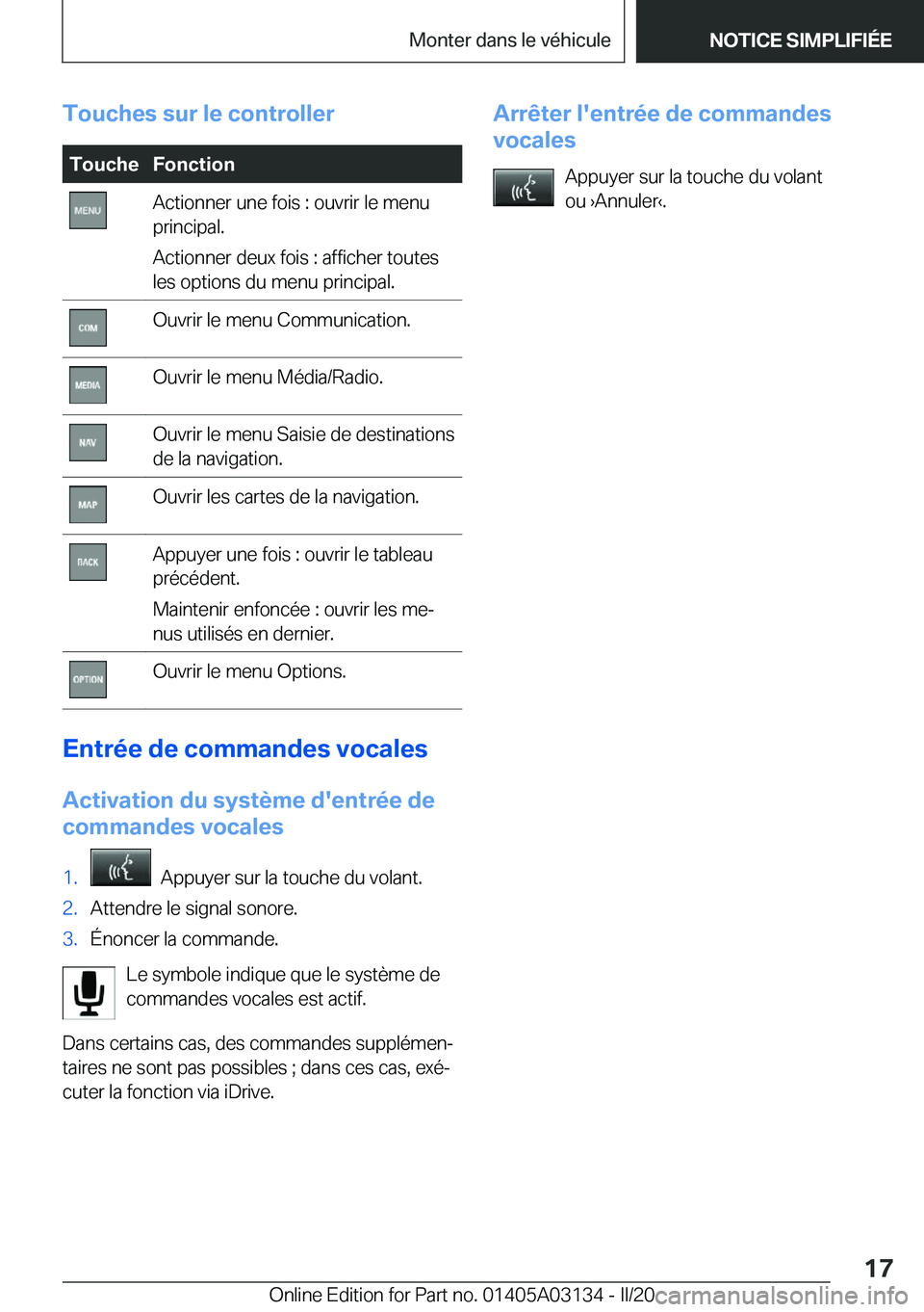 BMW M4 2020  Notices Demploi (in French) �T�o�u�c�h�e�s��s�u�r��l�e��c�o�n�t�r�o�l�l�e�r�T�o�u�c�h�e�F�o�n�c�t�i�o�n�A�c�t�i�o�n�n�e�r��u�n�e��f�o�i�s��:��o�u�v�r�i�r��l�e��m�e�n�u
�p�r�i�n�c�i�p�a�l�.
�A�c�t�i�o�n�n�e�r��d�e�u�x�