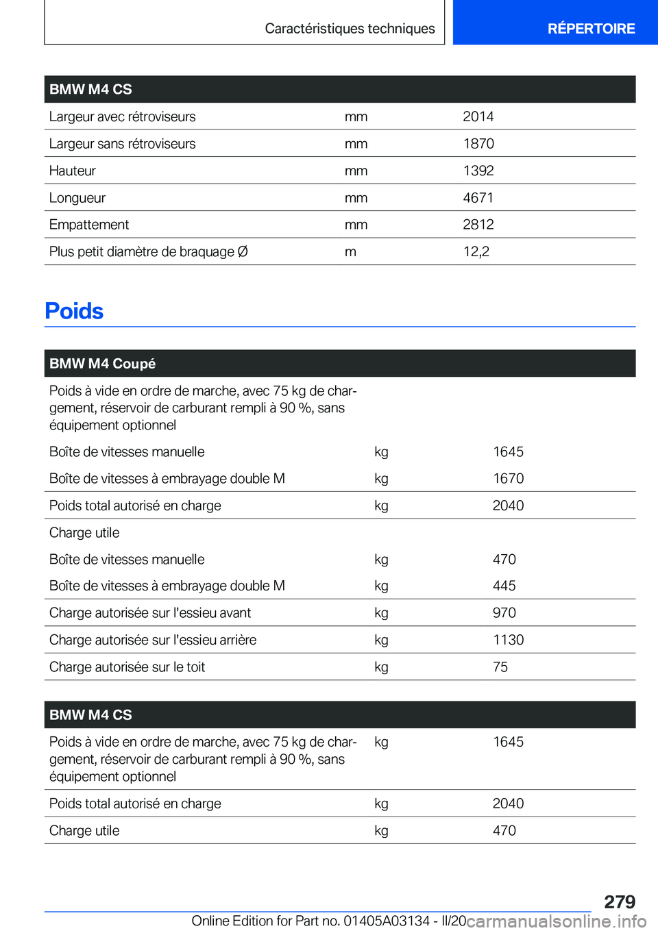 BMW M4 2020  Notices Demploi (in French) �B�M�W��M�4��C�S�L�a�r�g�e�u�r��a�v�e�c��r�é�t�r�o�v�i�s�e�u�r�s�m�m�2�0�1�4�L�a�r�g�e�u�r��s�a�n�s��r�é�t�r�o�v�i�s�e�u�r�s�m�m�1�8�7�0�H�a�u�t�e�u�r�m�m�1�3�9�2�L�o�n�g�u�e�u�r�m�m�4�6�7�1�E