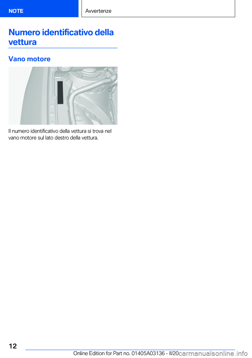 BMW M4 2020  Libretti Di Uso E manutenzione (in Italian) �N�u�m�e�r�o��i�d�e�n�t�i�f�i�c�a�t�i�v�o��d�e�l�l�a�v�e�t�t�u�r�a
�V�a�n�o��m�o�t�o�r�e
�I�l��n�u�m�e�r�o��i�d�e�n�t�i�f�i�c�a�t�i�v�o��d�e�l�l�a��v�e�t�t�u�r�a��s�i��t�r�o�v�a��n�e�l�v�a�n