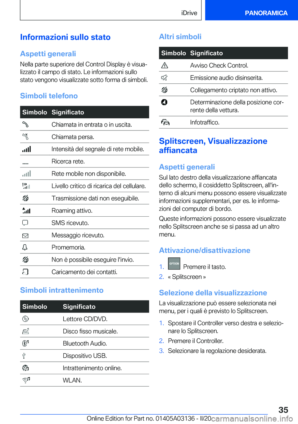 BMW M4 2020  Libretti Di Uso E manutenzione (in Italian) �I�n�f�o�r�m�a�z�i�o�n�i��s�u�l�l�o��s�t�a�t�o�A�s�p�e�t�t�i��g�e�n�e�r�a�l�i
�N�e�l�l�a��p�a�r�t�e��s�u�p�e�r�i�o�r�e��d�e�l��C�o�n�t�r�o�l��D�i�s�p�l�a�y��è��v�i�s�u�aª
�l�i�z�z�a�t�o�