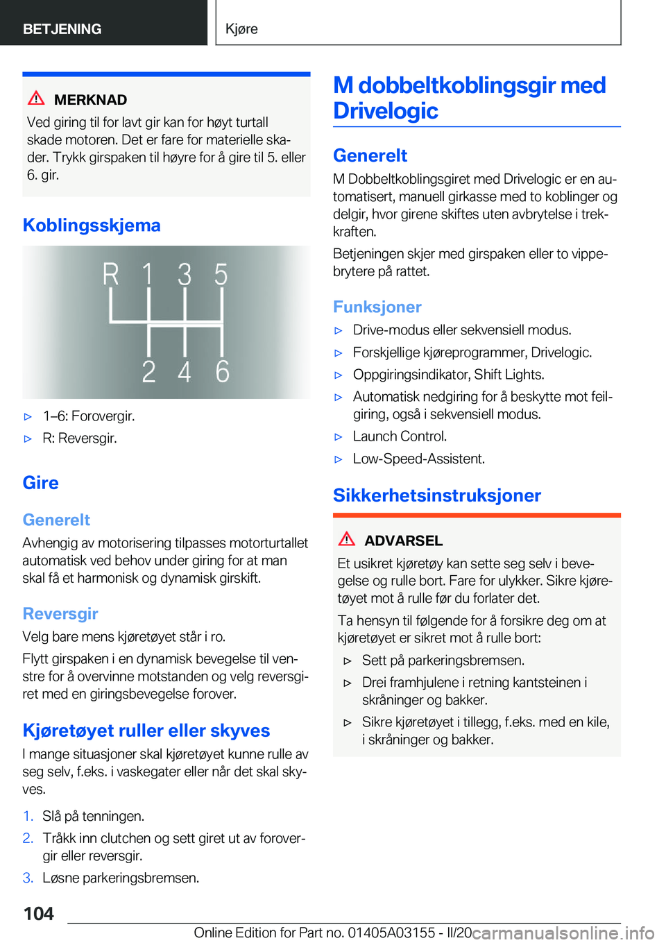 BMW M4 2020  InstruksjonsbØker (in Norwegian) �M�E�R�K�N�A�D
�V�e�d��g�i�r�i�n�g��t�i�l��f�o�r��l�a�v�t��g�i�r��k�a�n��f�o�r��h�