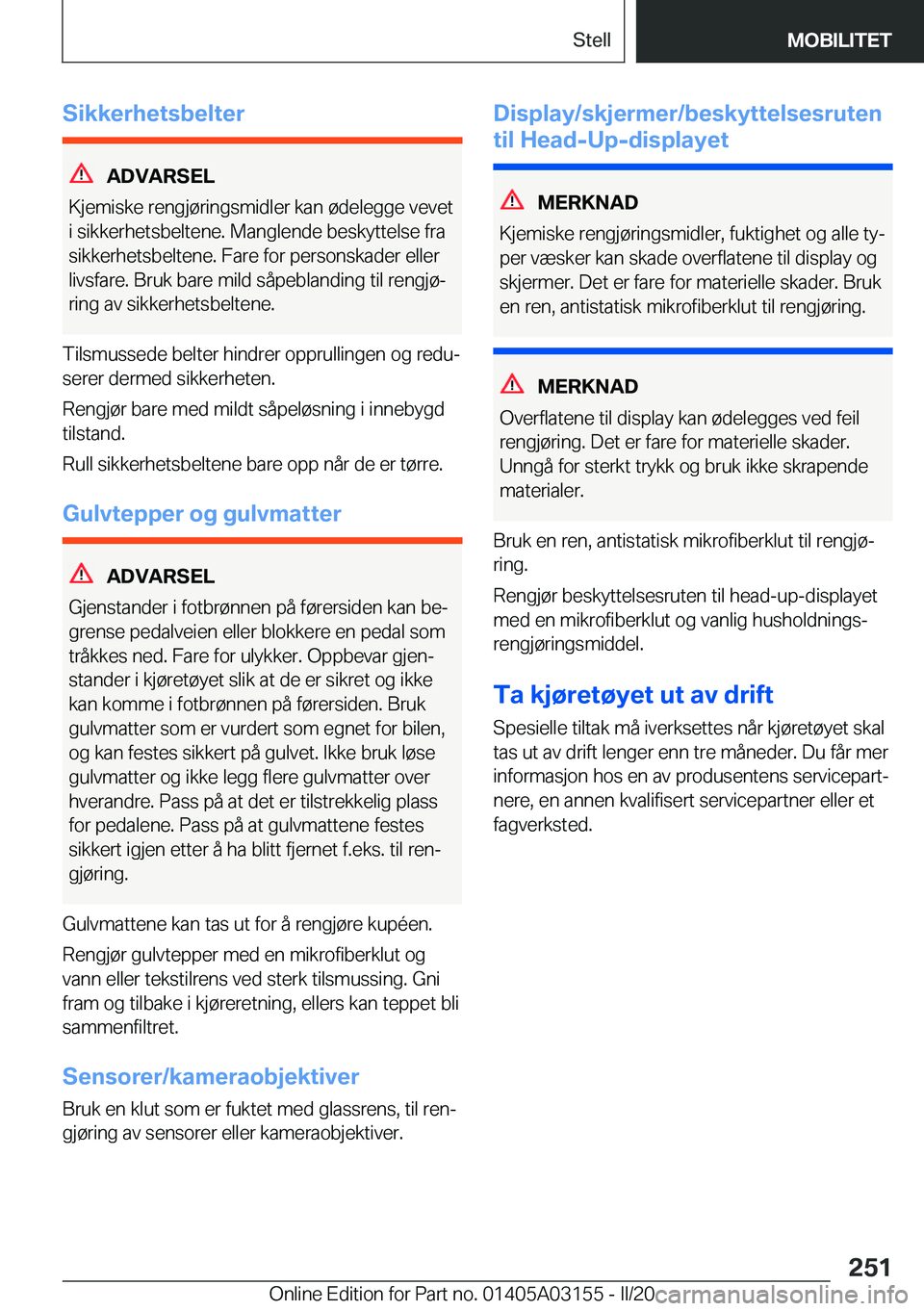 BMW M4 2020  InstruksjonsbØker (in Norwegian) �S�i�k�k�e�r�h�e�t�s�b�e�l�t�e�r
�A�D�V�A�R�S�E�L
�K�j�e�m�i�s�k�e��r�e�n�g�j�