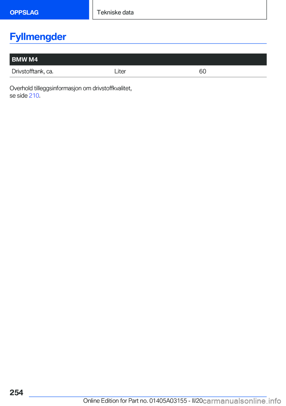 BMW M4 2020  InstruksjonsbØker (in Norwegian) �F�y�l�l�m�e�n�g�d�e�r
�
�B�M�W��M�4�D�r�i�v�s�t�o�f�f�t�a�n�k�,��c�a�.�L�i�t�e�r�6�0�O�v�e�r�h�o�l�d��t�i�l�l�e�g�g�s�i�n�f�o�r�m�a�s�j�o�n��o�m��d�r�i�v�s�t�o�f�f�k�v�a�l�i�t�e�t�,
�s�e��s�i�