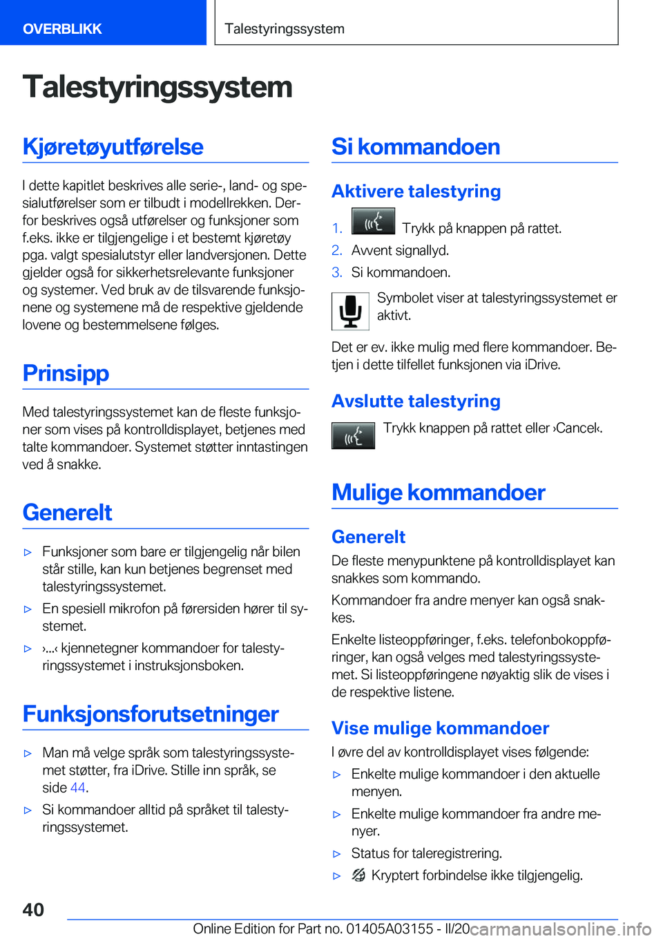 BMW M4 2020  InstruksjonsbØker (in Norwegian) �T�a�l�e�s�t�y�r�i�n�g�s�s�y�s�t�e�m�K�j�
