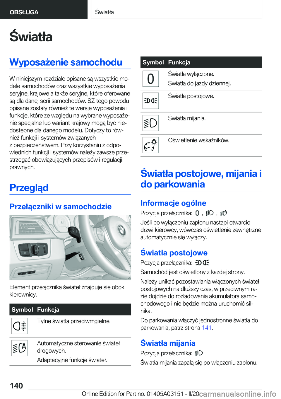 BMW M4 2020  Instrukcja obsługi (in Polish) �w�i�a�t�ł�a�W�y�p�o�s�a9�e�n�i�e��s�a�m�o�c�h�o�d�u
�W��n�i�n�i�e�j�s�z�y�m��r�o�z�d�z�i�a�l�e��o�p�i�s�a�n�e��s�