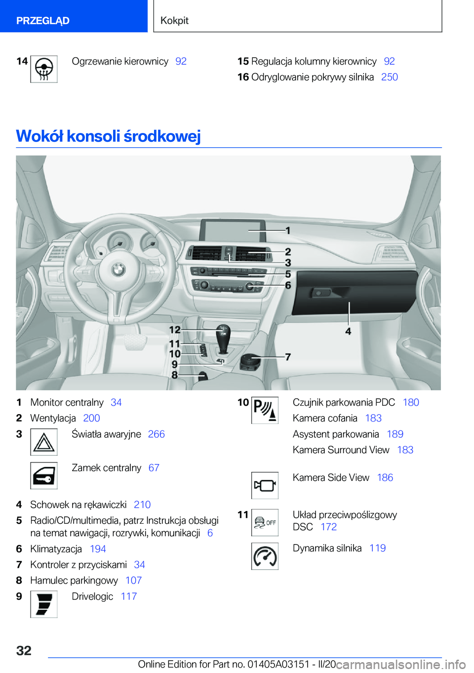 BMW M4 2020  Instrukcja obsługi (in Polish) �1�4�O�g�r�z�e�w�a�n�i�e��k�i�e�r�o�w�n�i�c�y\_�9�2�1�5�R�e�g�u�l�a�c�j�a��k�o�l�u�m�n�y��k�i�e�r�o�w�n�i�c�y\_ �9�2�1�6�O�d�r�y�g�l�o�w�a�n�i�e��p�o�k�r�y�w�y��s�i�l�n�i�k�a\_�2�5�0
�W�o�k