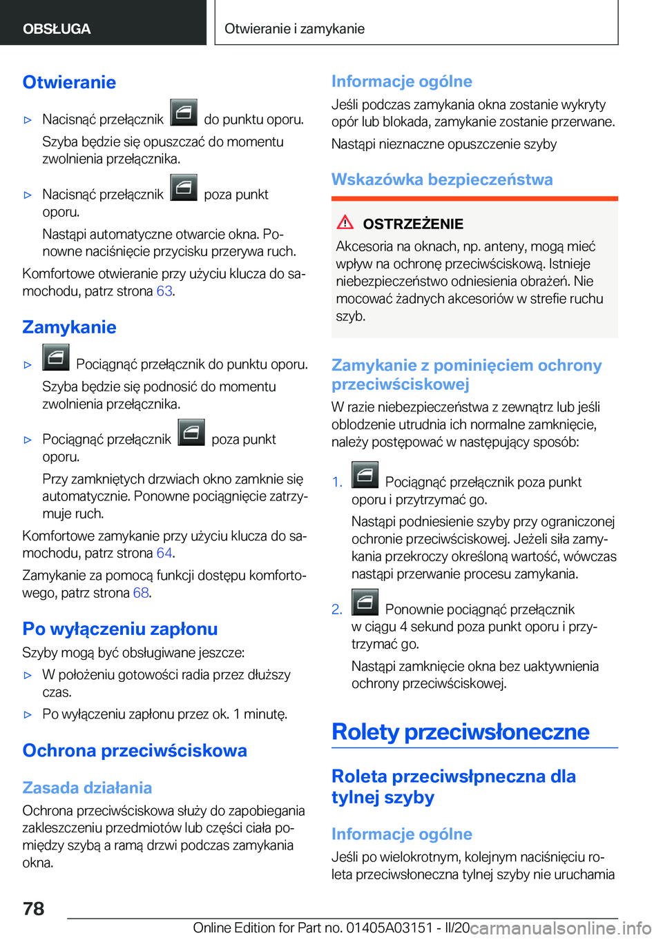 BMW M4 2020  Instrukcja obsługi (in Polish) �O�t�w�i�e�r�a�n�i�e'x�N�a�c�i�s�n�