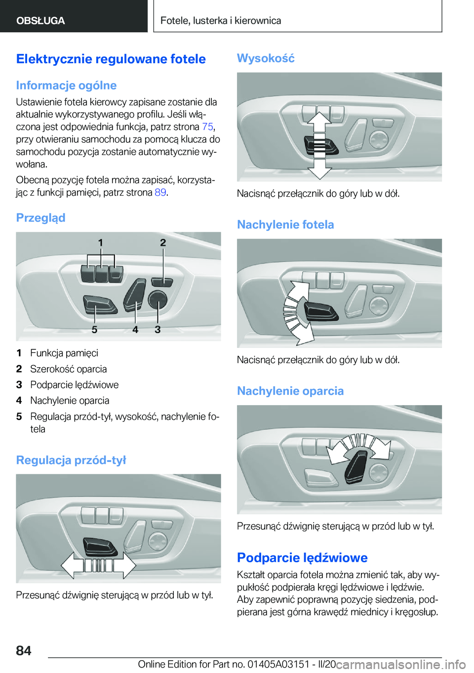 BMW M4 2020  Instrukcja obsługi (in Polish) �E�l�e�k�t�r�y�c�z�n�i�e��r�e�g�u�l�o�w�a�n�e��f�o�t�e�l�e
�I�n�f�o�r�m�a�c�j�e��o�g�