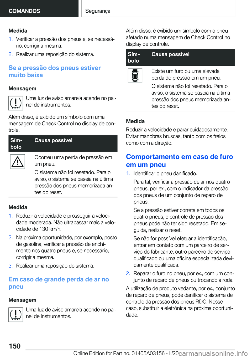 BMW M4 2020  Manual do condutor (in Portuguese) �M�e�d�i�d�a�1�.�V�e�r�i�f�i�c�a�r��a��p�r�e�s�s�ã�o��d�o�s��p�n�e�u�s��e�,��s�e��n�e�c�e�s�s�áª
�r�i�o�,��c�o�r�r�i�g�i�r��a��m�e�s�m�a�.�2�.�R�e�a�l�i�z�a�r��u�m�a��r�e�p�o�s�i�