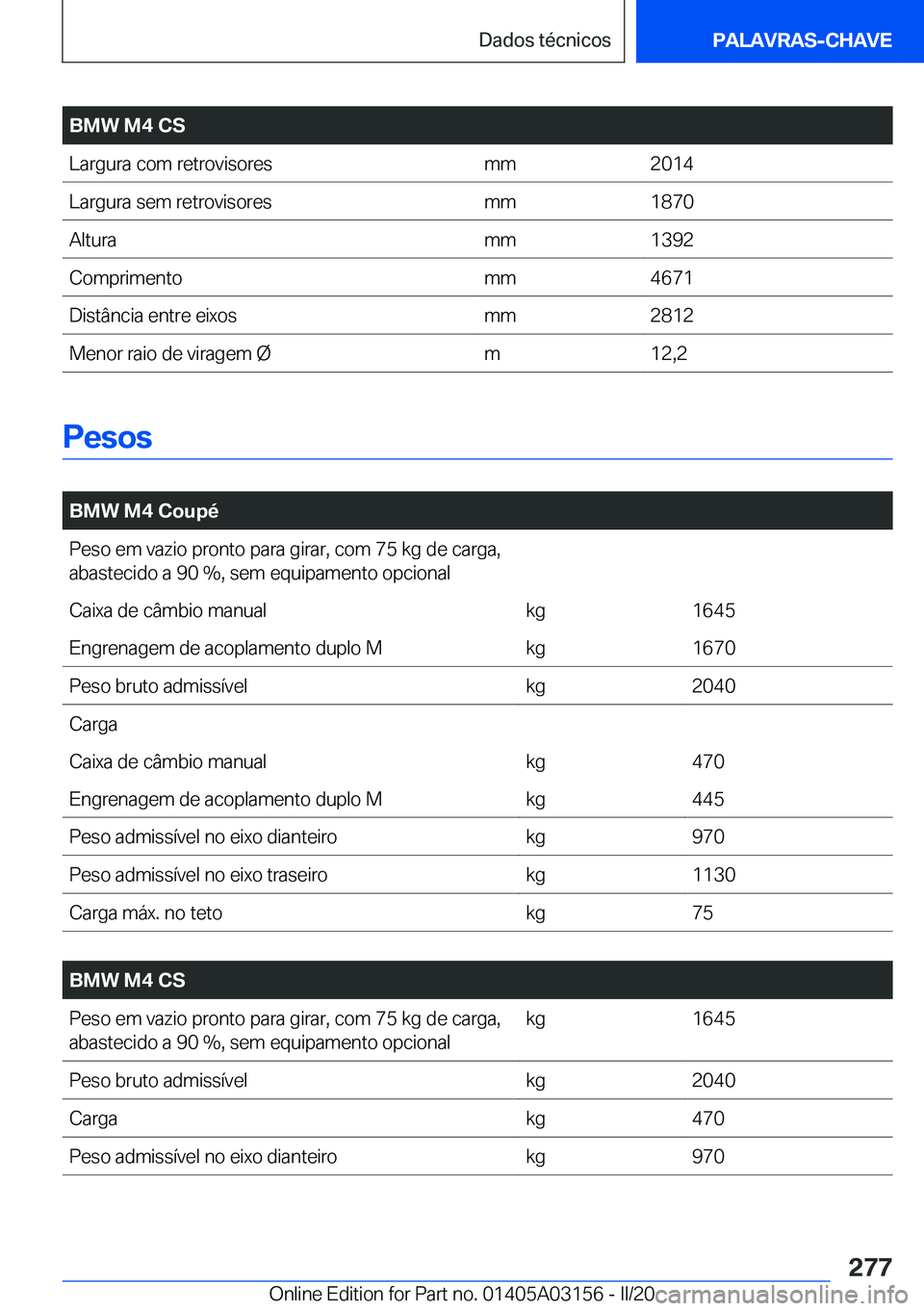 BMW M4 2020  Manual do condutor (in Portuguese) �B�M�W��M�4��C�S�L�a�r�g�u�r�a��c�o�m��r�e�t�r�o�v�i�s�o�r�e�s�m�m�2�0�1�4�L�a�r�g�u�r�a��s�e�m��r�e�t�r�o�v�i�s�o�r�e�s�m�m�1�8�7�0�A�l�t�u�r�a�m�m�1�3�9�2�C�o�m�p�r�i�m�e�n�t�o�m�m�4�6�7�1�D�i
